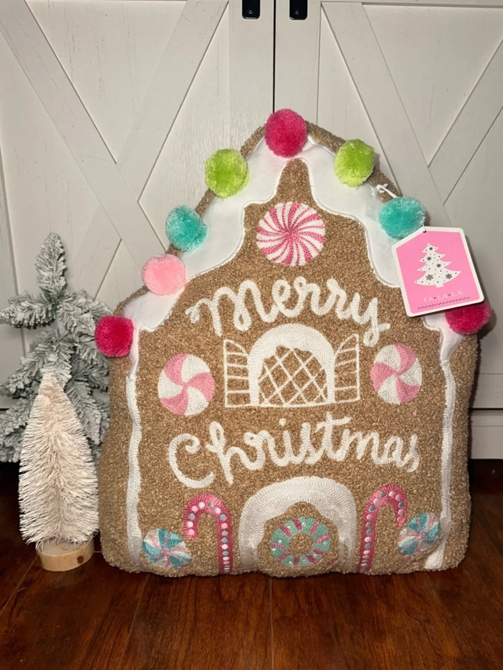 Pastel Gingerbread House “Merry Christmas” Decorative Pillow
